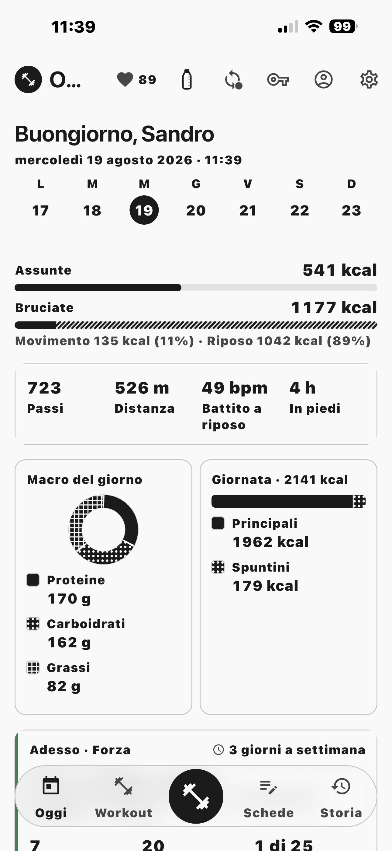 La schermata Oggi su un iPhone: 541 kcal assunte, 1177 bruciate — 135 di movimento e 1042 di riposo —, poi 723 passi, 526 m di distanza, 49 bpm di battito a riposo e 4 ore in piedi, i macro della giornata e la seduta di forza che comincia sotto.