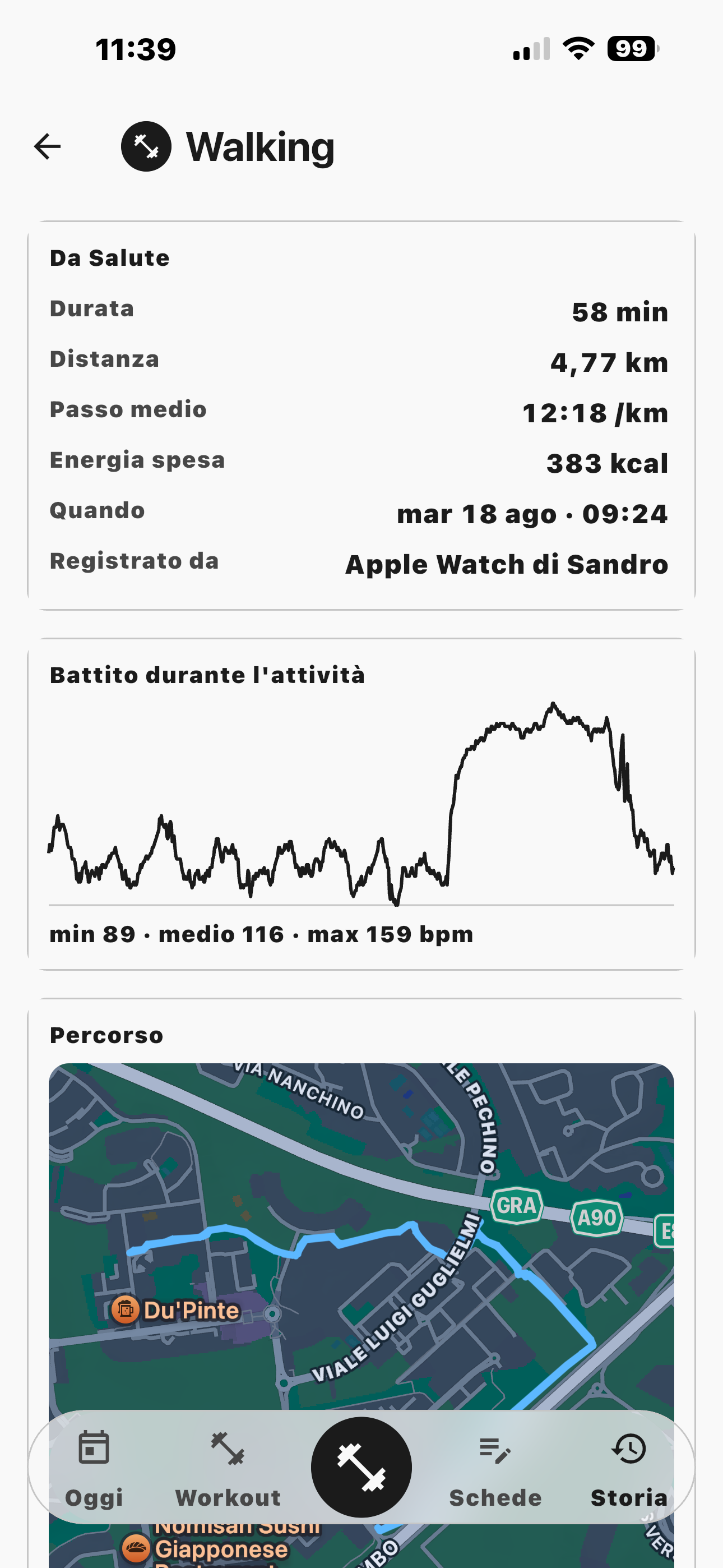 Un allenamento registrato fuori da PUMP e letto da Salute: 58 minuti, 4,77 km, passo medio 12:18 al chilometro, 383 kcal, sotto, la curva del battito durante l'attività — minimo 89, medio 116, massimo 159 bpm — e la mappa del percorso.