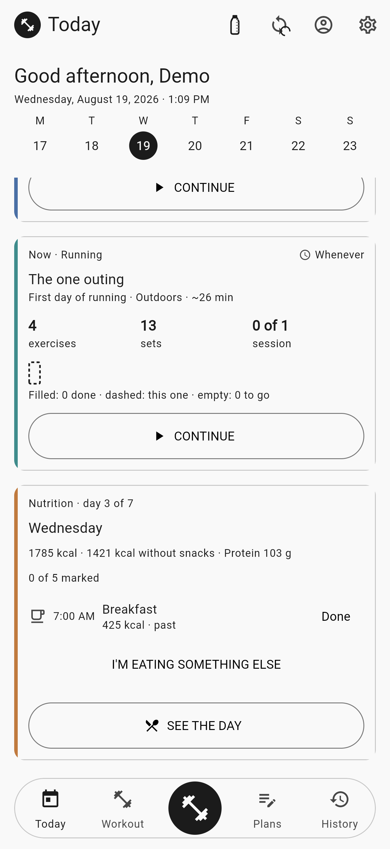 The same day, scrolled: below the strength session comes the running one, «The one outing» outdoors, and below that Wednesday's menu with 1785 kcal, breakfast at 7:00 and the SEE THE DAY button.