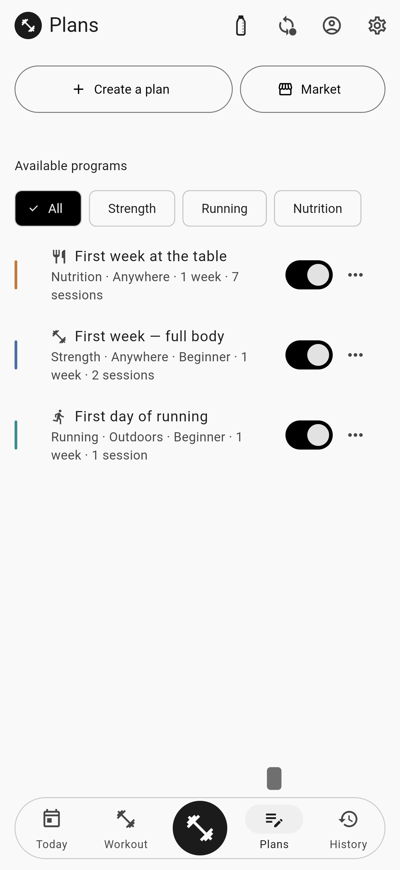 The Plans screen: the «Create a plan» and «Market» buttons on top, the type filters, and three programs switched on — nutrition, strength and running — each with its own switch.