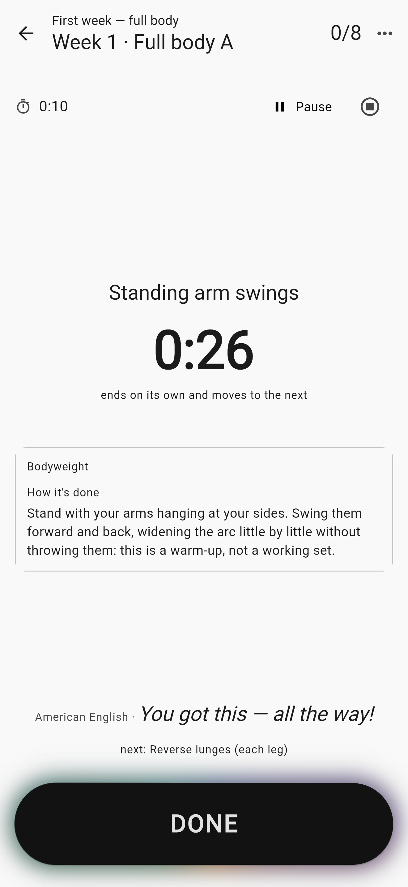 The same exercise while it runs: 0:26 counting down, the line «it ends on its own and moves to the next», and at the bottom the same button, now reading DONE.